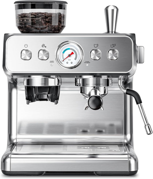Kismile Espresso Machine Semi-Automatic Coffee Maker with Grinder and Milk Frother Steam Wand
