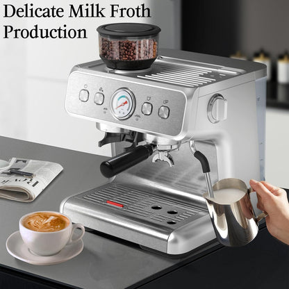 Kismile Espresso Machine Semi-Automatic Coffee Maker with Grinder and Milk Frother Steam Wand