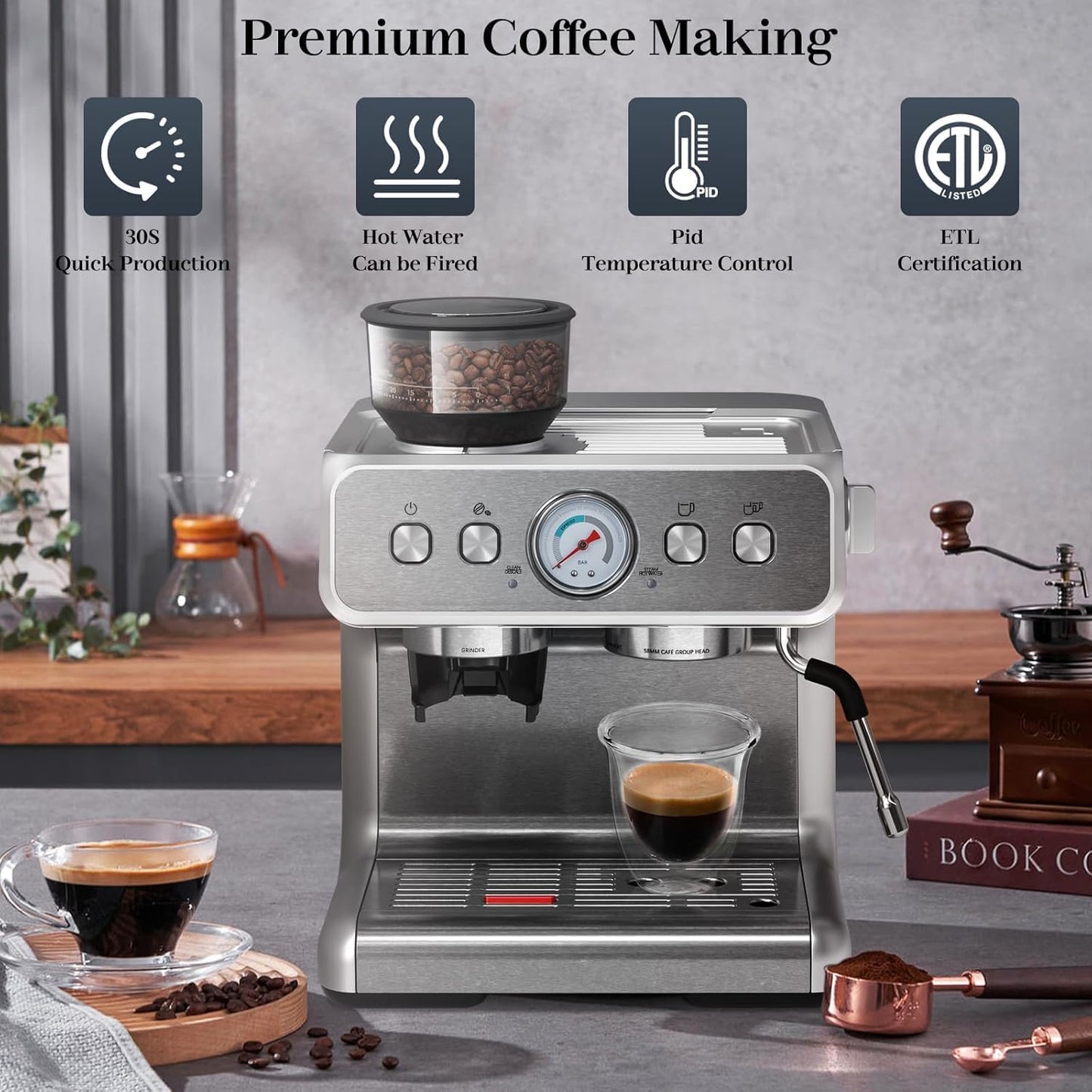 Kismile Espresso Machine Semi-Automatic Coffee Maker with Grinder and Milk Frother Steam Wand