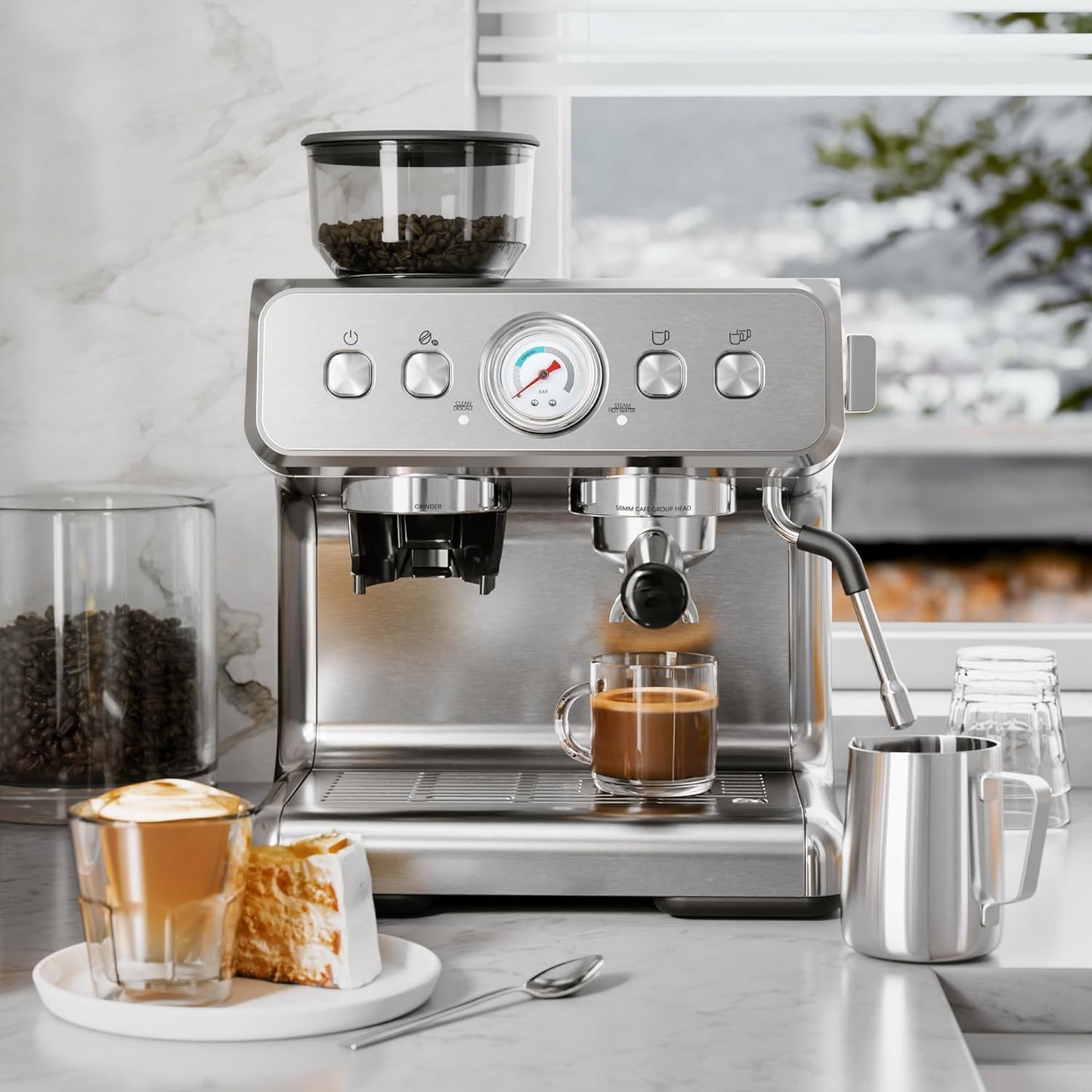 Kismile Espresso Machine Semi-Automatic Coffee Maker with Grinder and Milk Frother Steam Wand