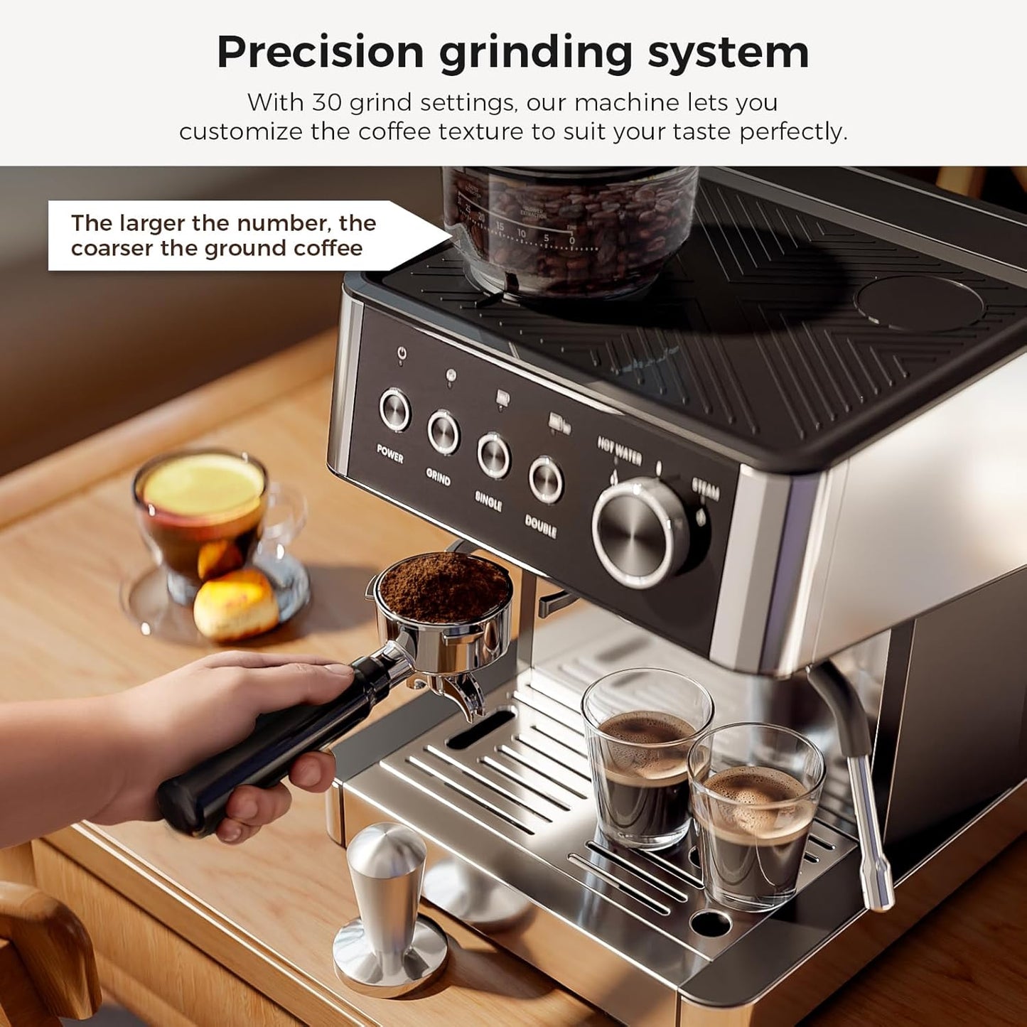 Kismile Espresso Machine Semi-Automatic Coffee Maker with Grinder and Milk Frother Steam Wand