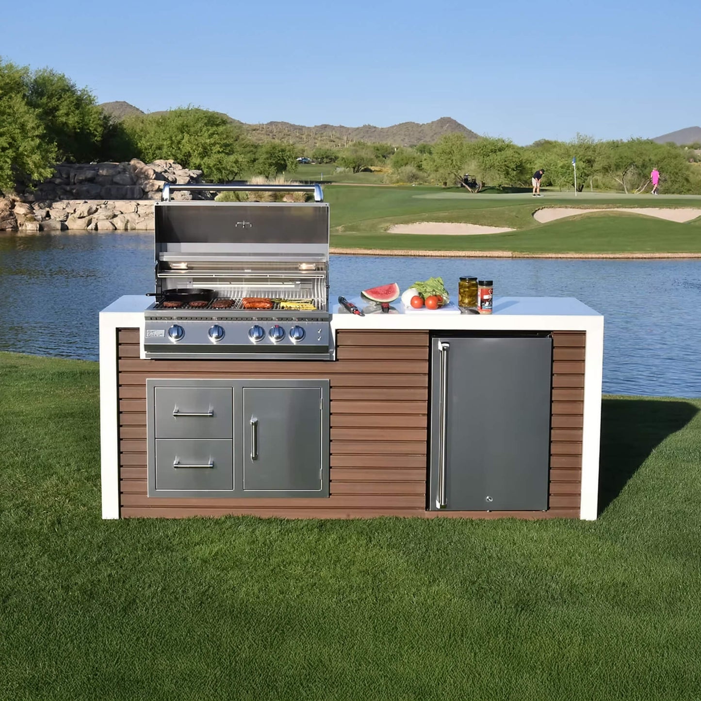 KoKoMo Grills Professional Shiplap Outdoor Kitchen Island with Waterfall Edge, Built-In Grill, and Refrigerator