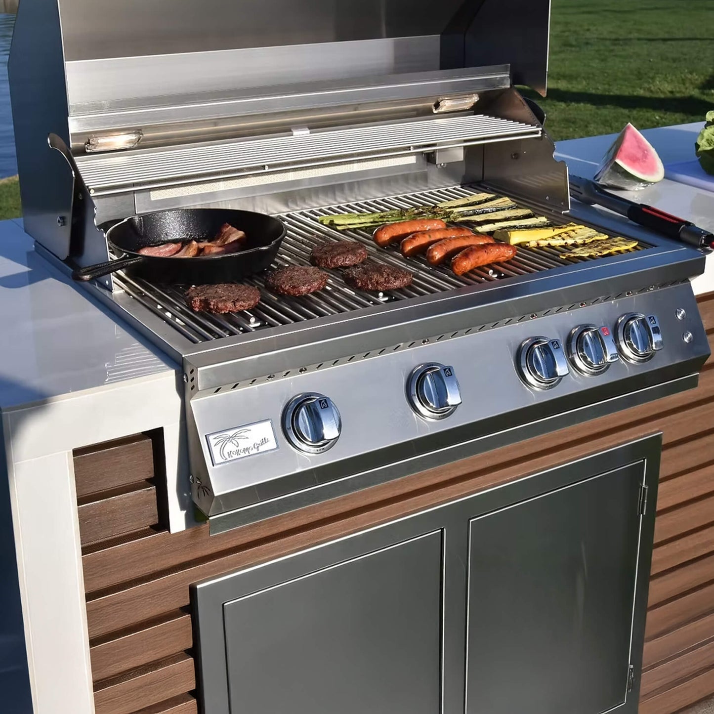 KoKoMo Grills Professional Shiplap Outdoor Kitchen Island with Waterfall Edge, Built-In Grill, and Refrigerator