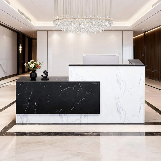 Velmor L-Shaped Modern Black and White Reception Desk with Lockable Drawers