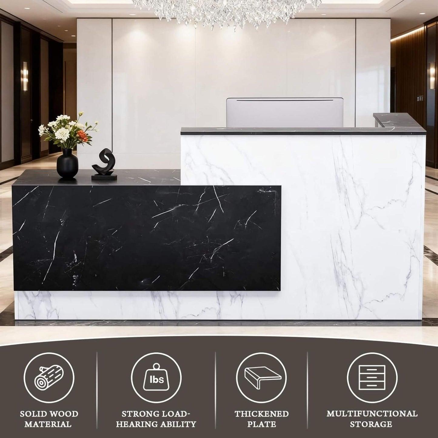 Velmor L-Shaped Modern Black and White Reception Desk with Lockable Drawers