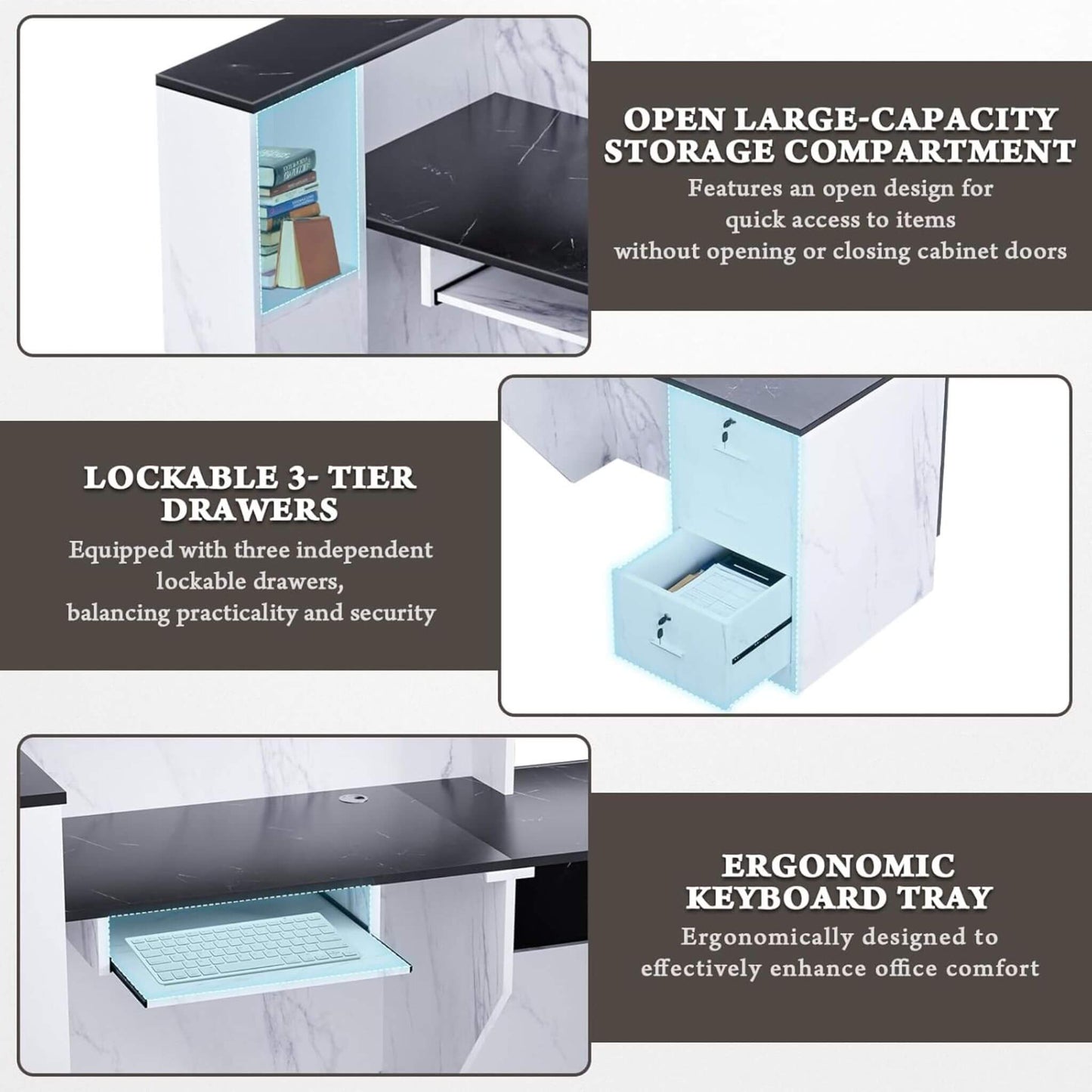 Velmor L-Shaped Modern Black and White Reception Desk with Lockable Drawers