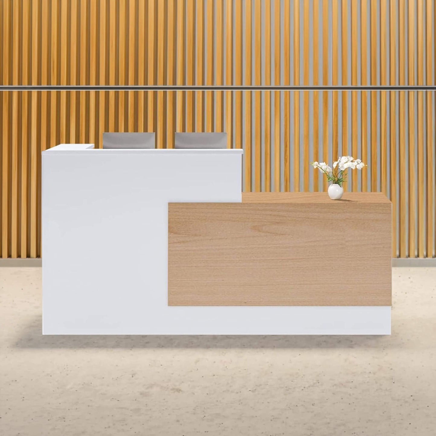 Velmor L-Shaped Modern Brown and White Reception Desk with Lockable Drawers