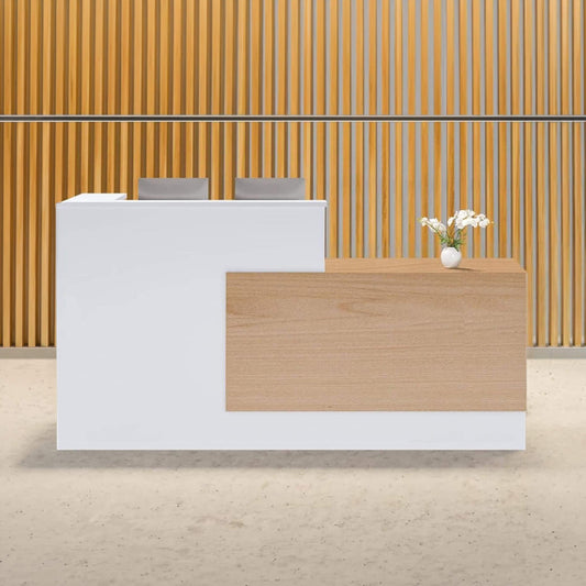 Velmor L-Shaped Modern Brown and White Reception Desk with Lockable Drawers