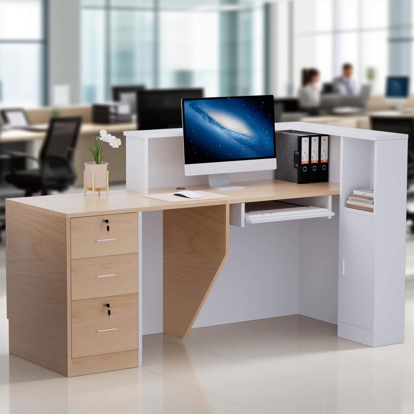 Velmor L-Shaped Modern Brown and White Reception Desk with Lockable Drawers