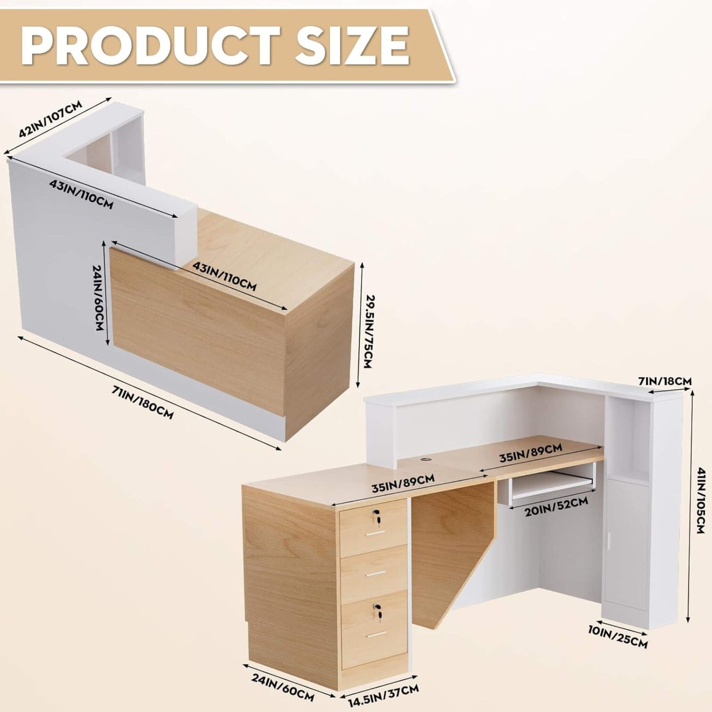 Velmor L-Shaped Modern Brown and White Reception Desk with Lockable Drawers