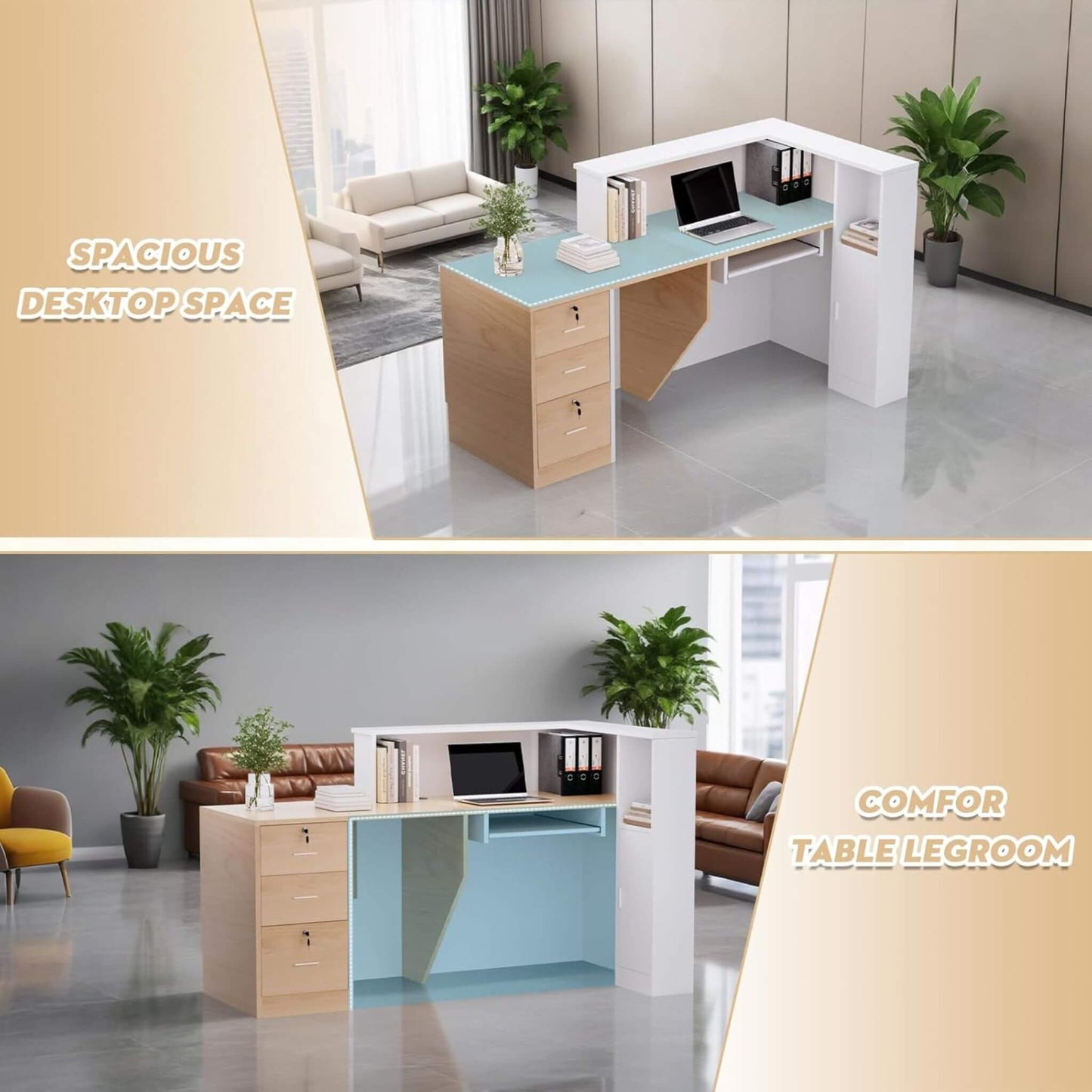 Velmor L-Shaped Modern Brown and White Reception Desk with Lockable Drawers