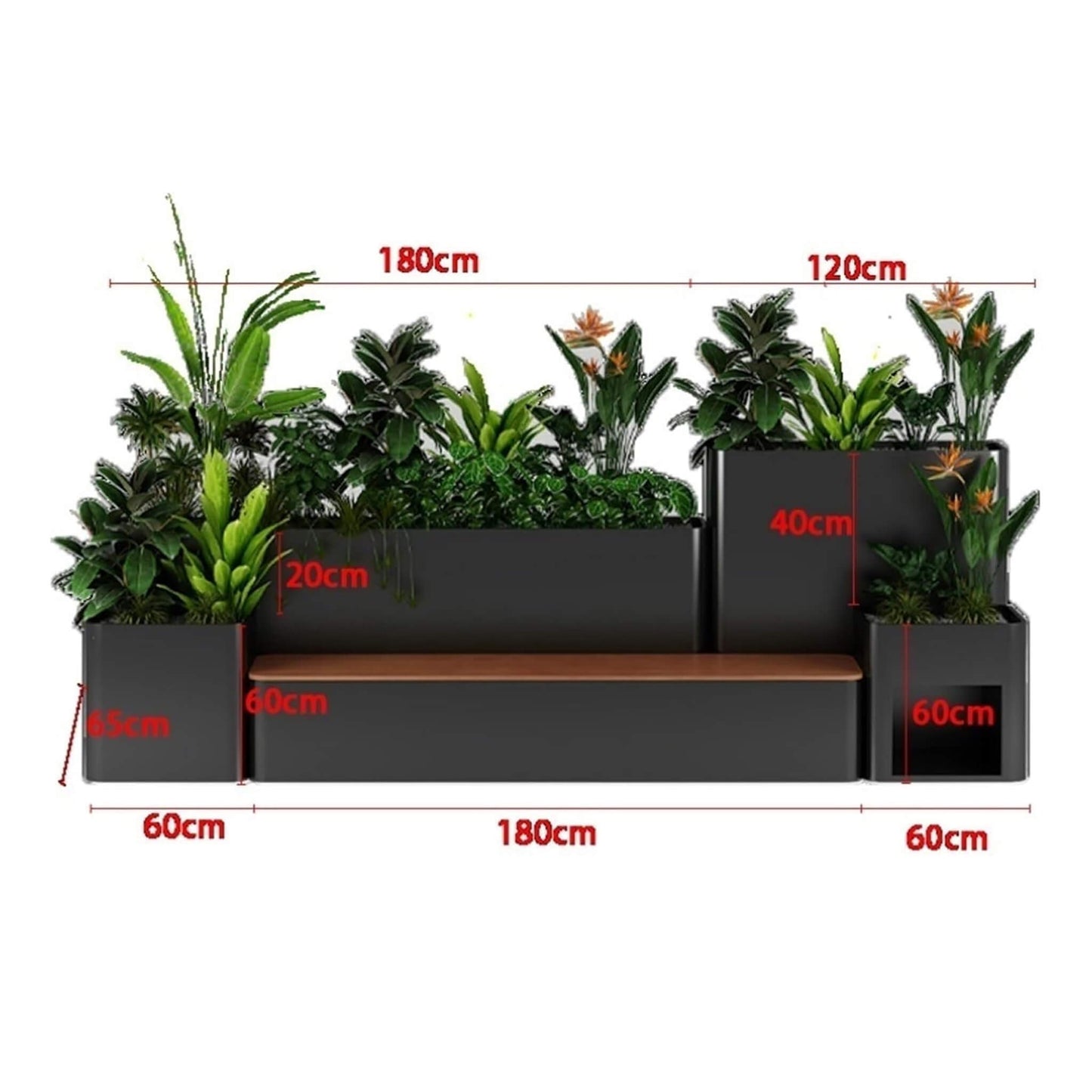 10FT Large Industrial Outdoor Flowerbox Bench With Metal Planter And Hardwood Seat