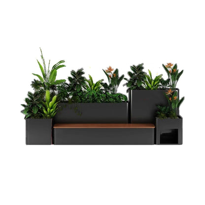 10FT Large Industrial Outdoor Flowerbox Bench With Metal Planter And Hardwood Seat