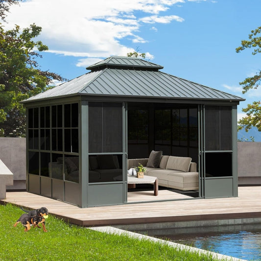 12' x 14' Large Heavy-Duty All-Season Steel Top Aluminum Double Roof Backyard Gazebo