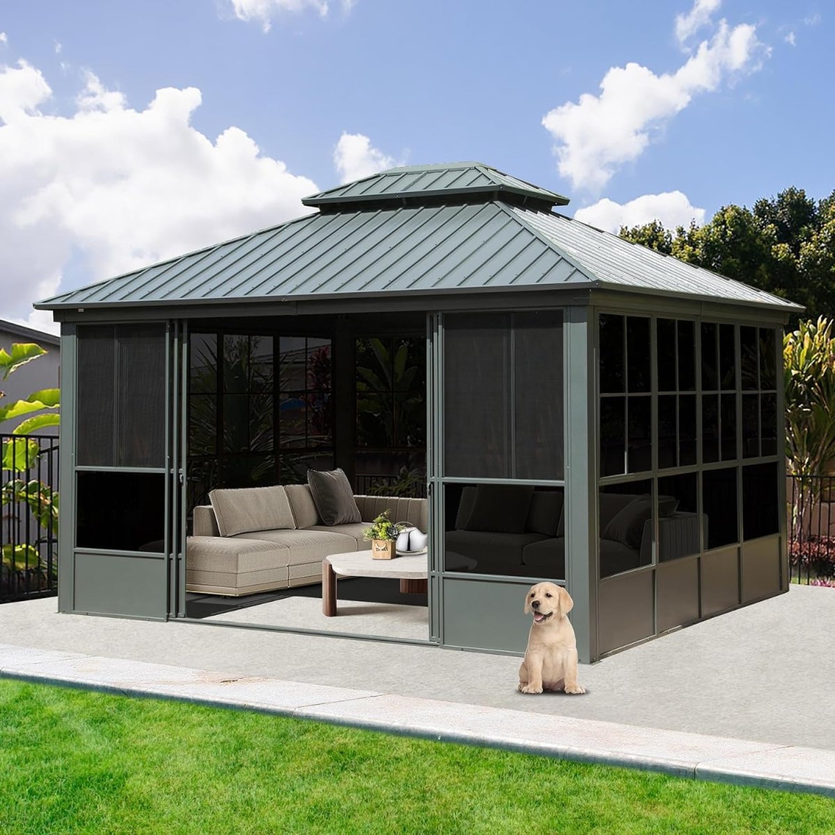 12' x 14' Large Heavy-Duty All-Season Steel Top Aluminum Double Roof Backyard Gazebo