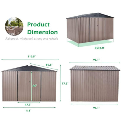 8FT x 10FT Alora Large Heavy-Duty Outdoor Metal Garden Tools Storage Utility Shed with Lockable Door
