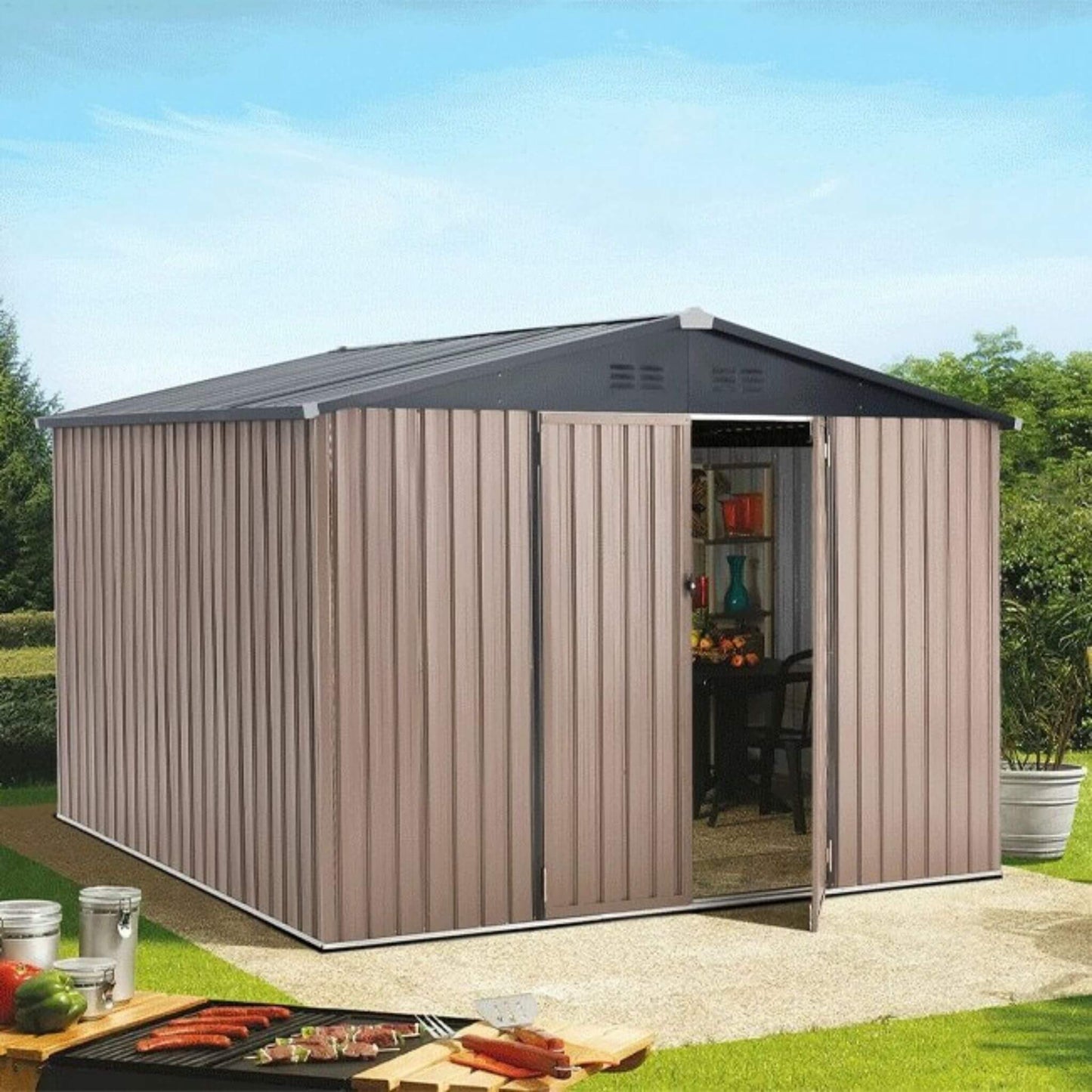 8FT x 10FT Alora Large Heavy-Duty Outdoor Metal Garden Tools Storage Utility Shed with Lockable Door