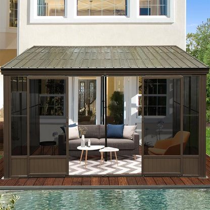 12' x 14' FT Large Outdoor All-Season Wall Mounted Sunroom Solarium With Galvanized Steel Roof & Moveable PVC Screen