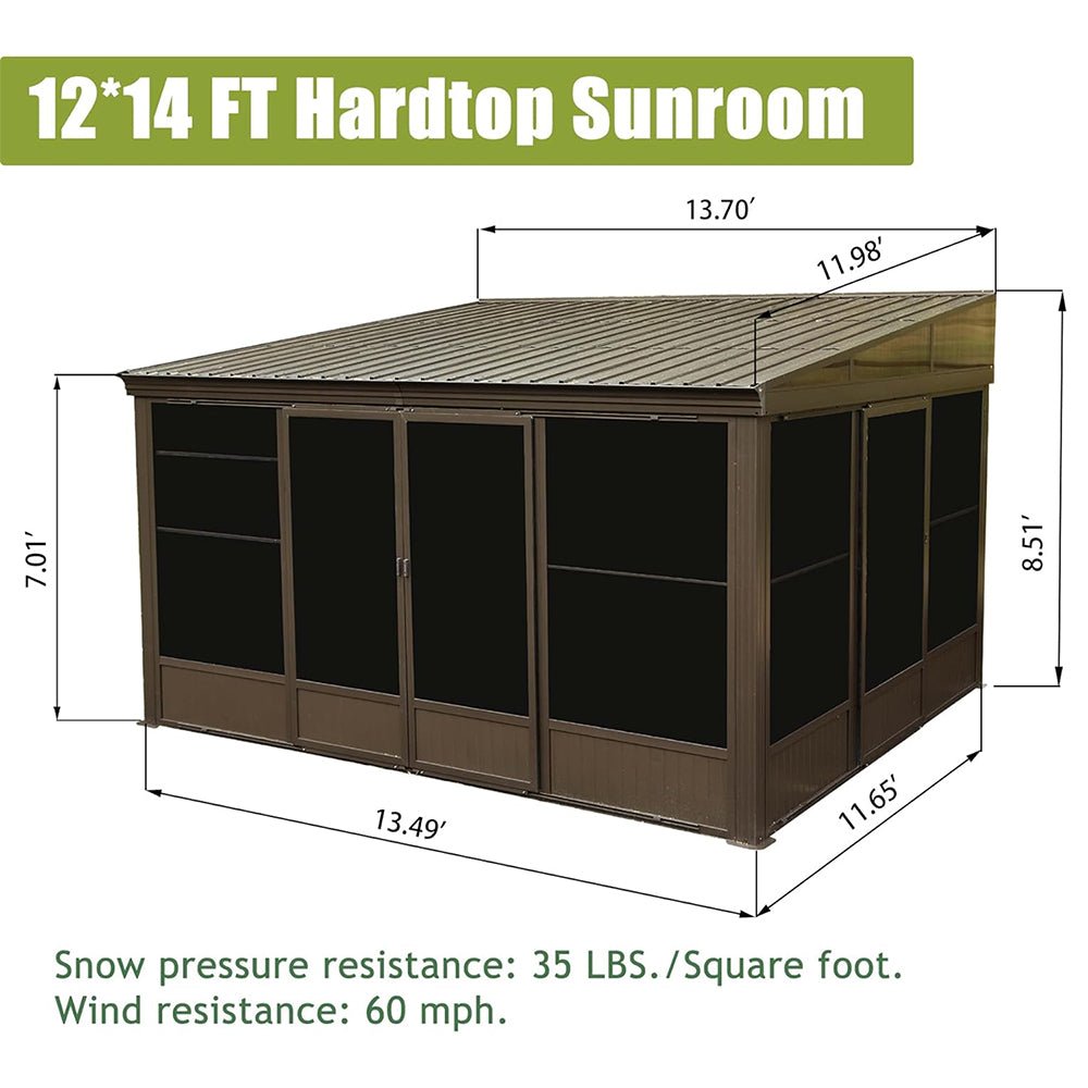 12' x 14' FT Large Outdoor All-Season Wall Mounted Sunroom Solarium With Galvanized Steel Roof & Moveable PVC Screen