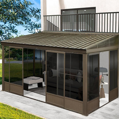 12' x 14' FT Large Outdoor All-Season Wall Mounted Sunroom Solarium With Galvanized Steel Roof & Moveable PVC Screen