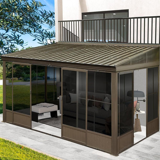 12' x 14' FT Large Outdoor All-Season Wall Mounted Sunroom Solarium With Galvanized Steel Roof & Moveable PVC Screen