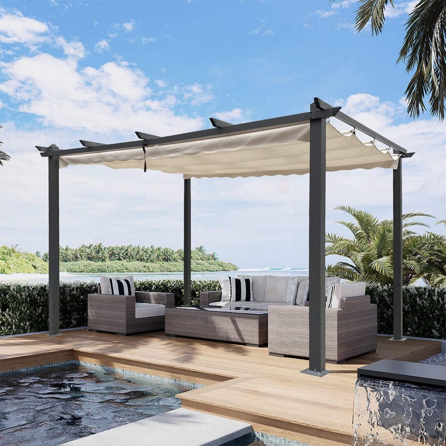 10' x 13' Large Outdoor Patio Pergola With Canopy & Retractable Sun Shades, Beige