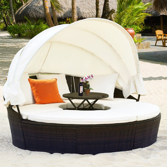 76" Alora Large Outdoor Patio Rattan Daybed Sofa W/ Adjustable Table Top, Canopy & 3 Pillows