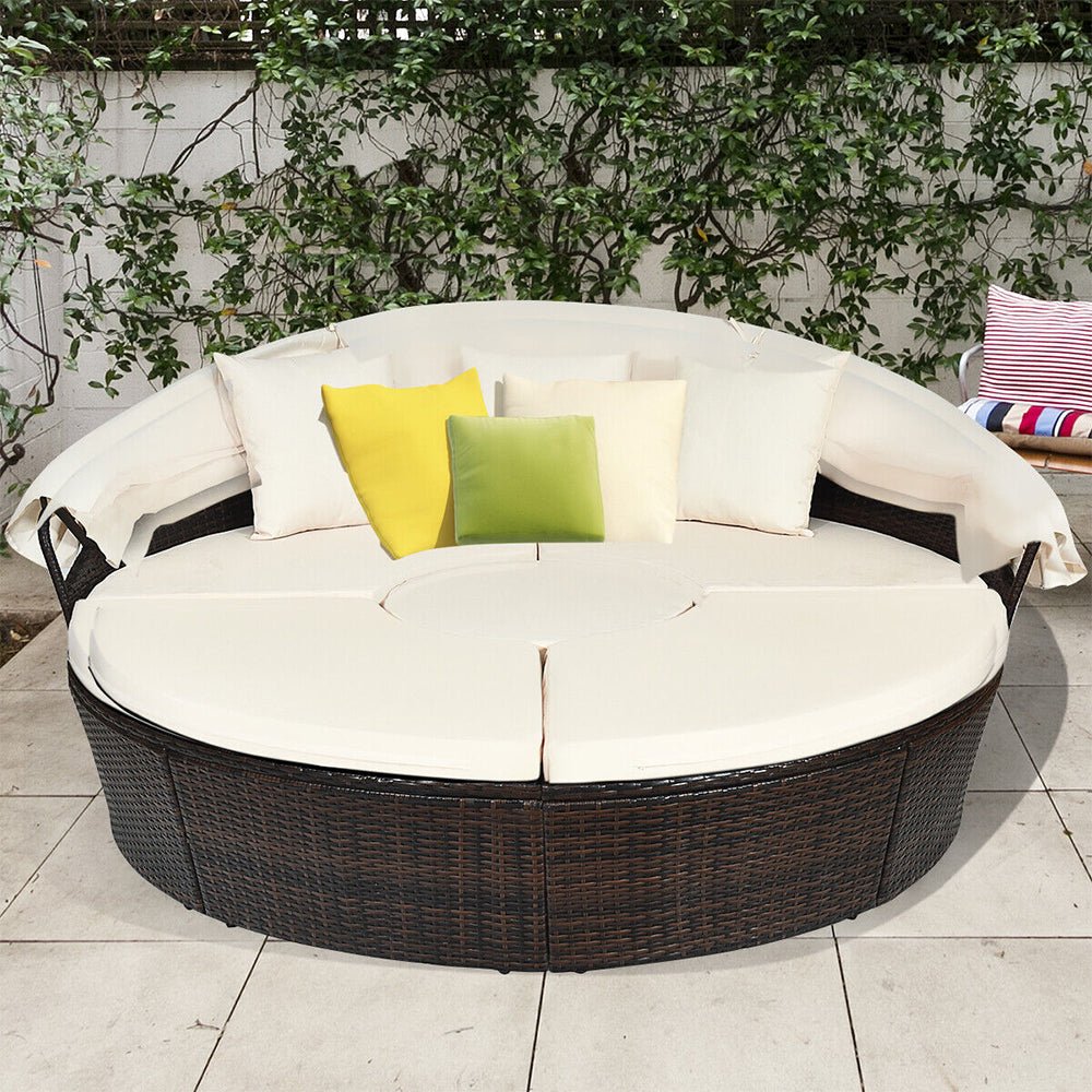 76" Alora Large Outdoor Patio Rattan Daybed Sofa W/ Adjustable Table Top, Canopy & 3 Pillows