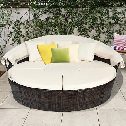 76" Alora Large Outdoor Patio Rattan Daybed Sofa W/ Adjustable Table Top, Canopy & 3 Pillows