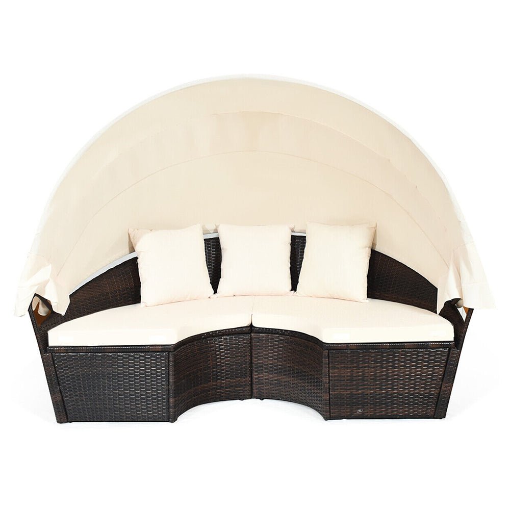 76" Alora Large Outdoor Patio Rattan Daybed Sofa W/ Adjustable Table Top, Canopy & 3 Pillows