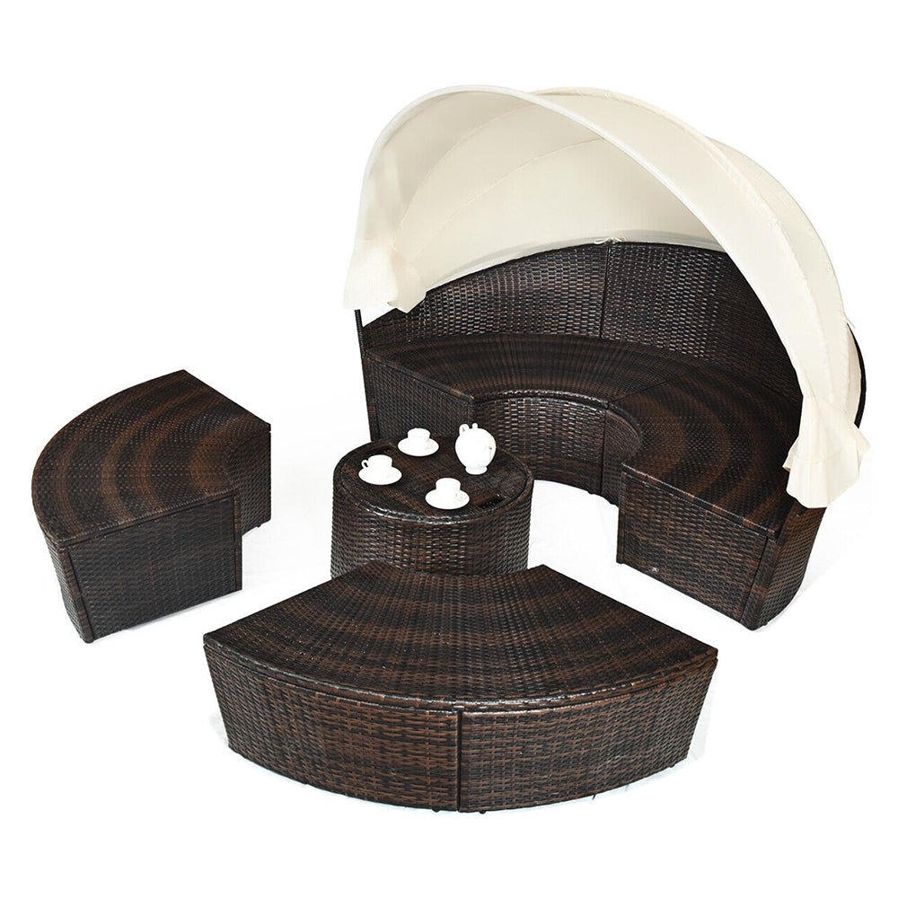 76" Alora Large Outdoor Patio Rattan Daybed Sofa W/ Adjustable Table Top, Canopy & 3 Pillows