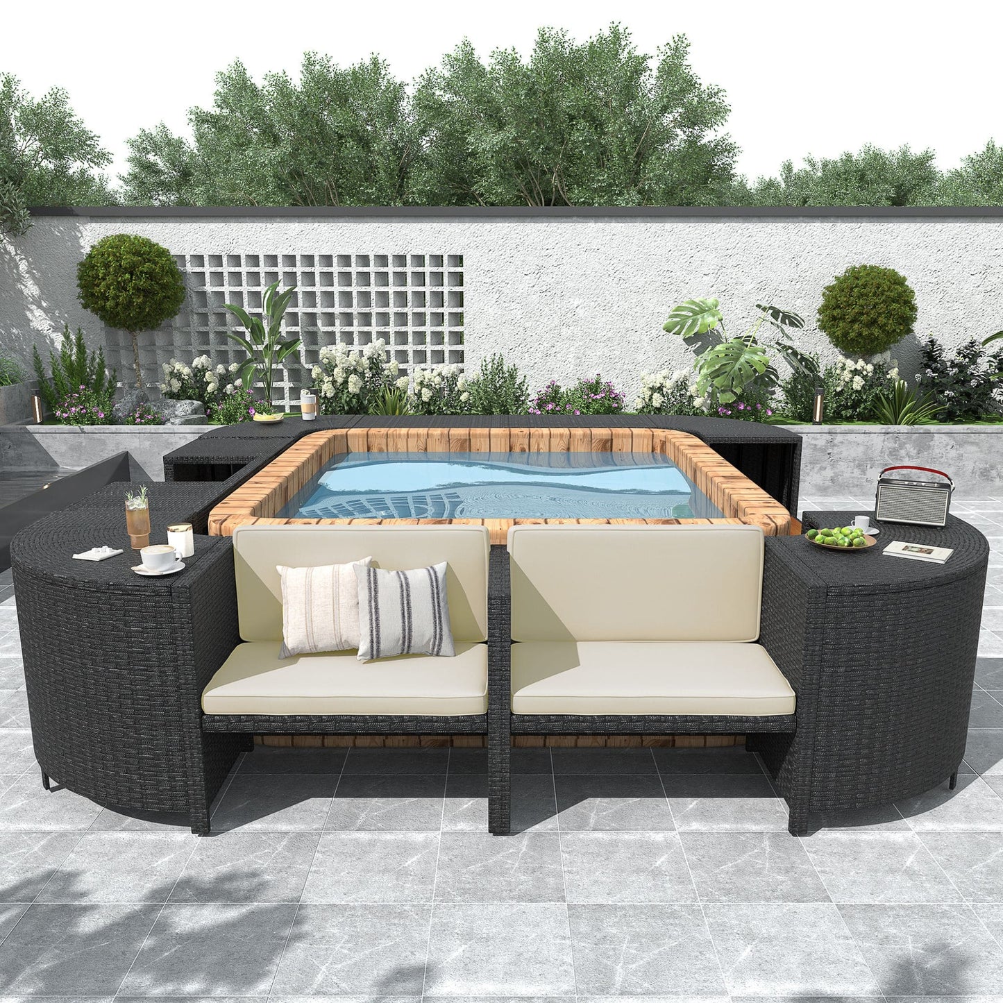 Alora Large Outdoor Quadrilateral Spa Surround Rattan Sectional Sofa Set With Storage Compartments