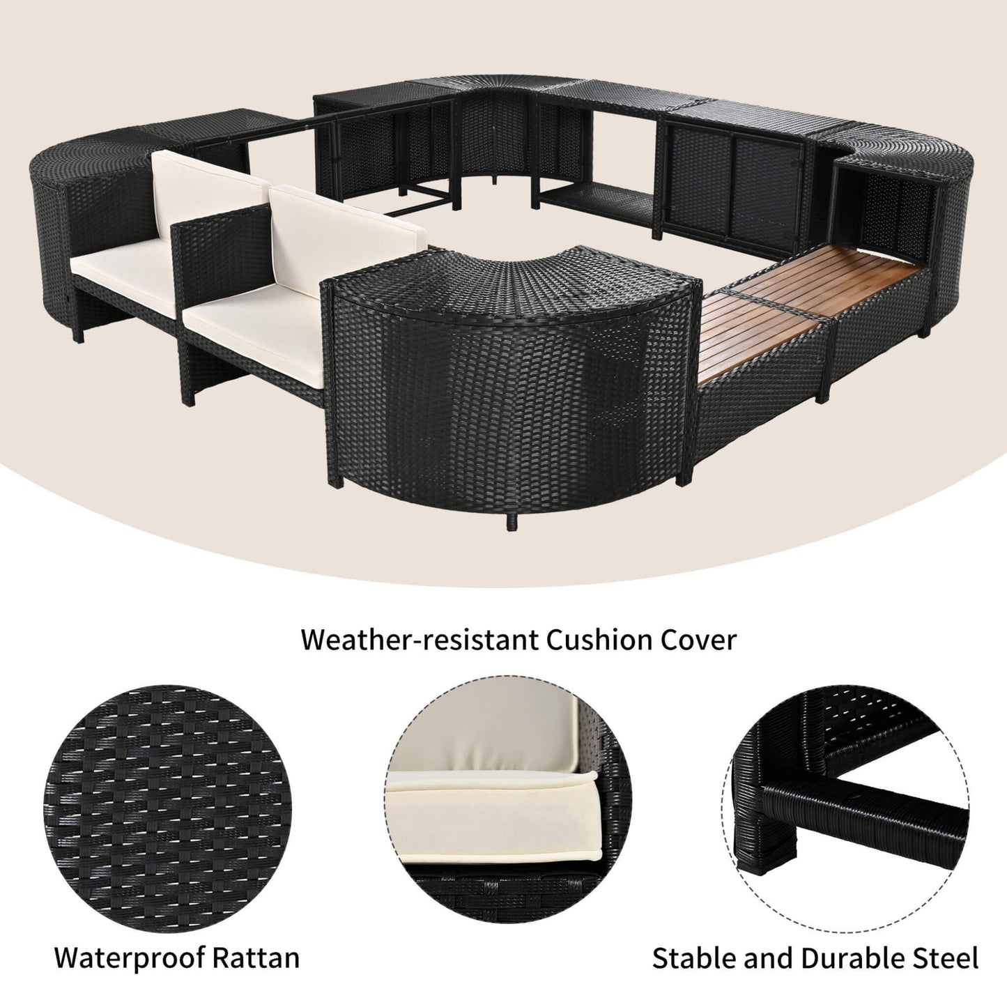 Alora Large Outdoor Quadrilateral Spa Surround Rattan Sectional Sofa Set With Storage Compartments