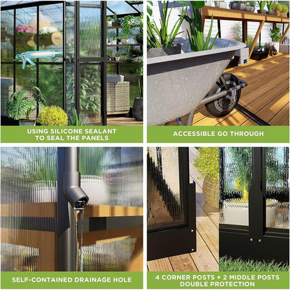 8' x 12' FT Large Premium Outdoor Aluminum Polycarbonate Greenhouse With Double Swing Doors