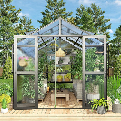 8' x 12' FT Large Premium Outdoor Aluminum Polycarbonate Greenhouse With Double Swing Doors
