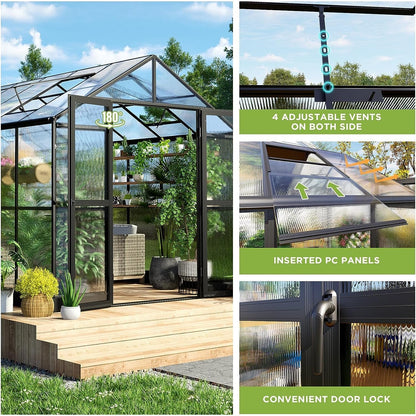 8' x 12' FT Large Premium Outdoor Aluminum Polycarbonate Greenhouse With Double Swing Doors