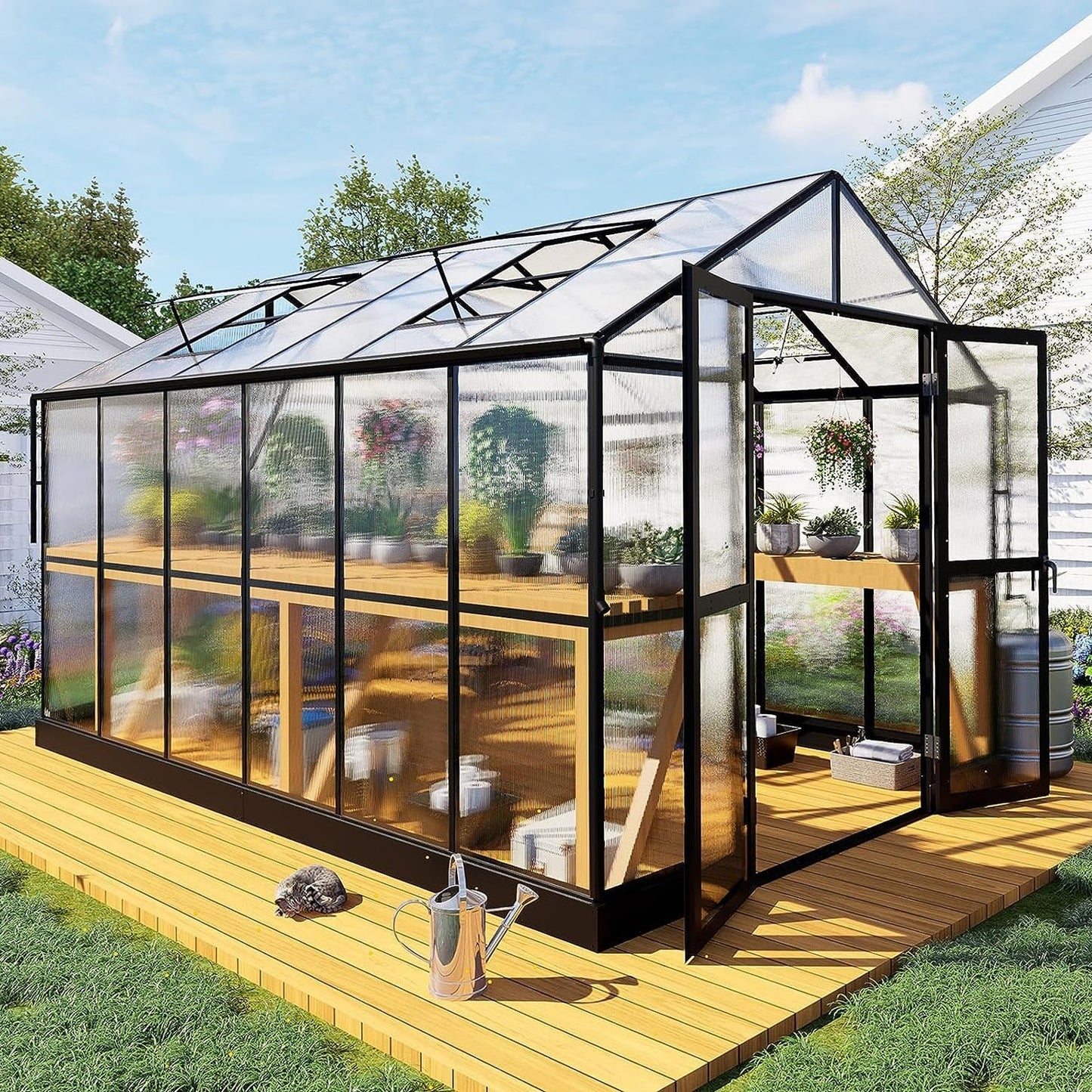 8' x 12' FT Large Premium Outdoor Aluminum Polycarbonate Greenhouse With Double Swing Doors