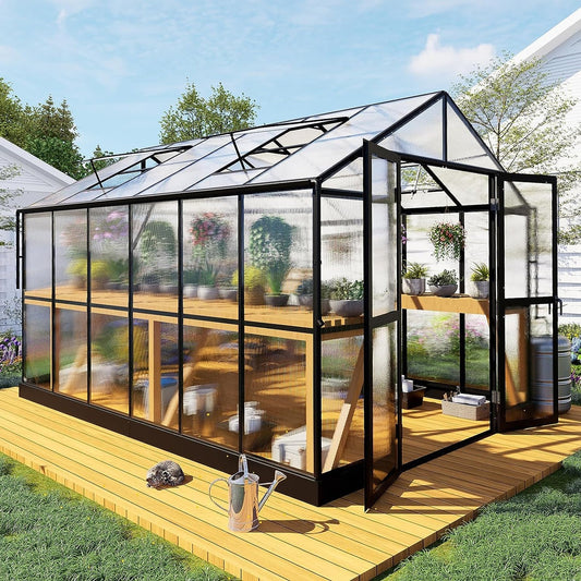 8' x 12' FT Large Premium Outdoor Aluminum Polycarbonate Greenhouse With Double Swing Doors