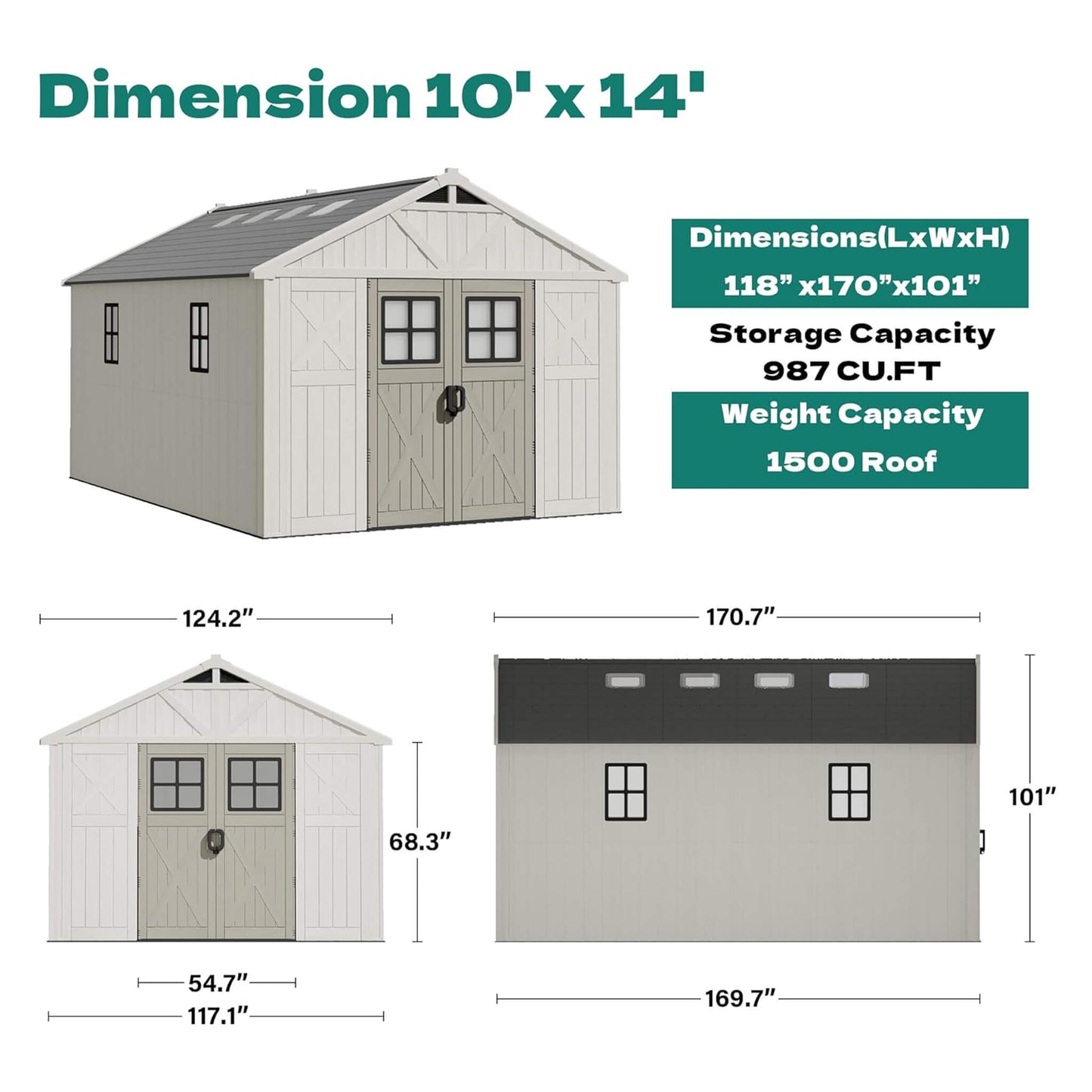 Alora Large Resin Outdoor Storage Shed with Floor, Windows, and Lockable Door