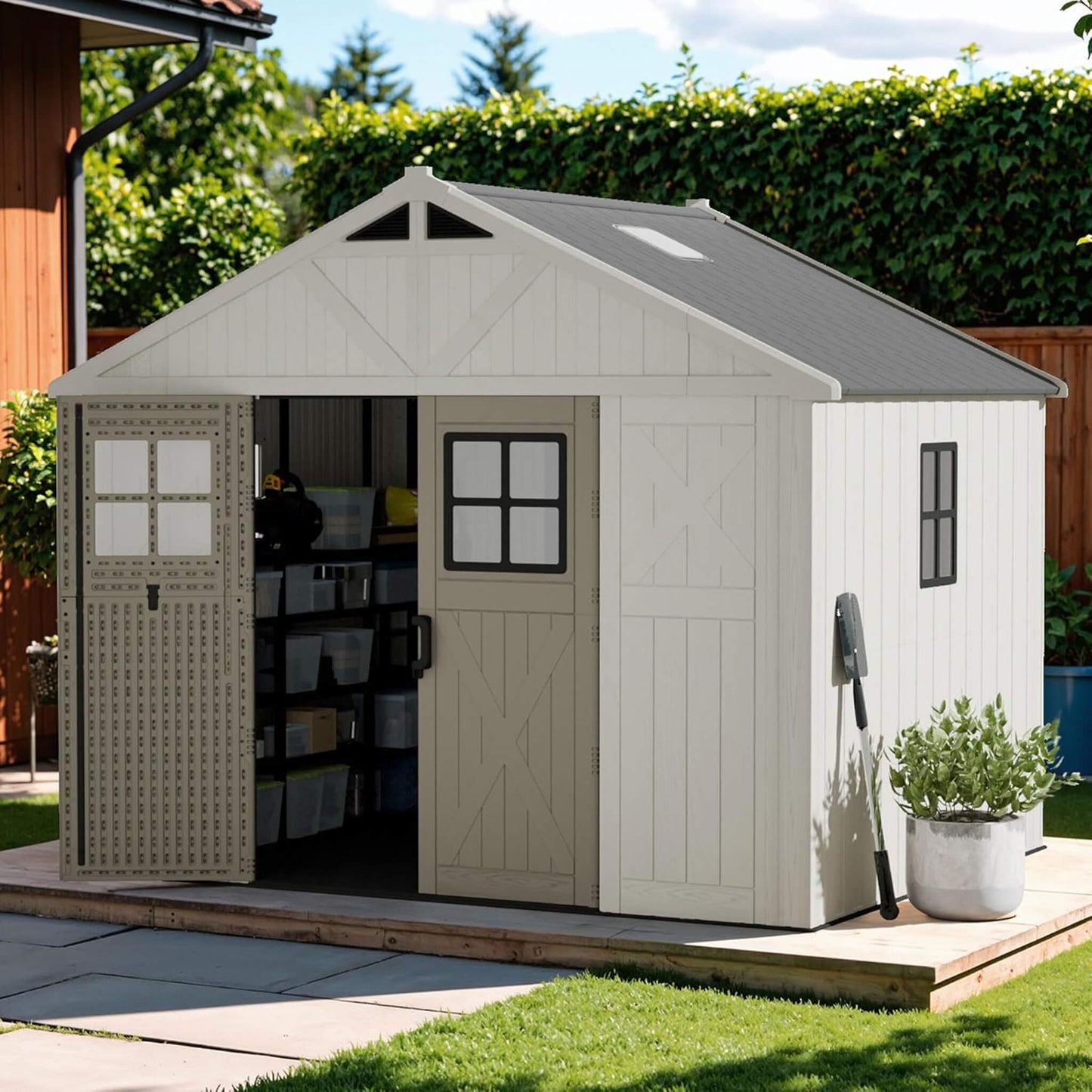 Alora Large Resin Outdoor Storage Shed with Floor, Windows, and Lockable Door