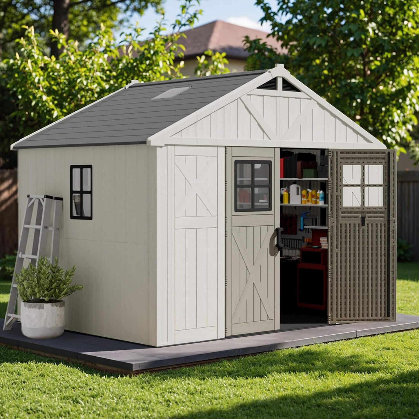 Alora Large Resin Outdoor Storage Shed with Floor, Windows, and Lockable Door