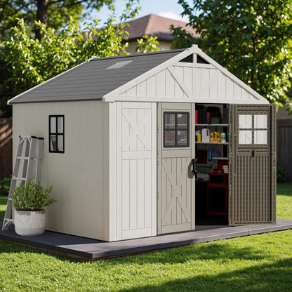 Alora Large Resin Outdoor Storage Shed with Floor, Windows, and Lockable Door