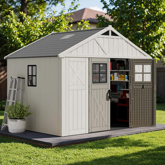 Alora Large Resin Outdoor Storage Shed with Floor, Windows, and Lockable Door