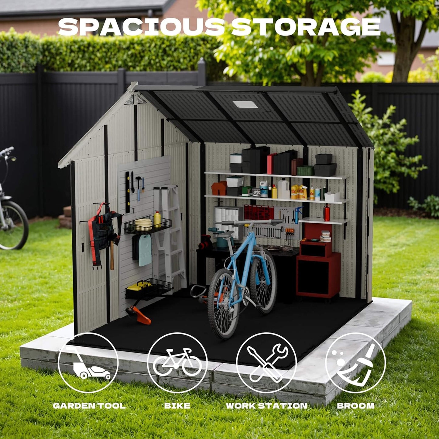 Alora Large Resin Outdoor Storage Shed with Floor, Windows, and Lockable Door