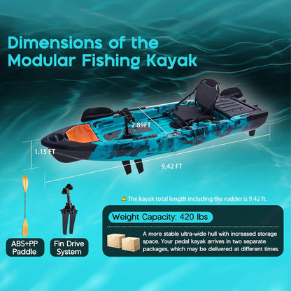 Lightweight 10FT 1-Person Modular Fishing Kayak with Fin Drive System
