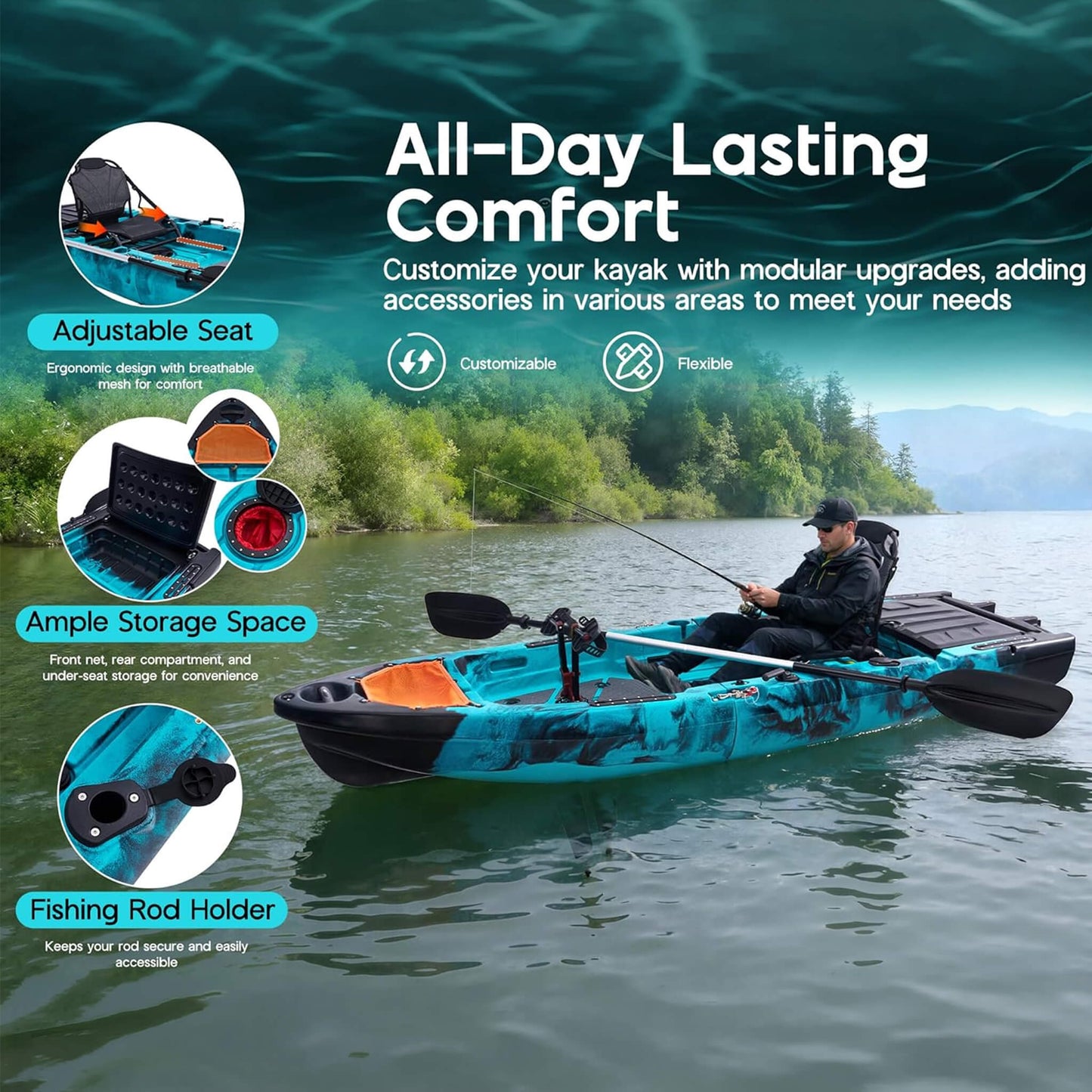 Lightweight 10FT 1-Person Modular Fishing Kayak with Fin Drive System