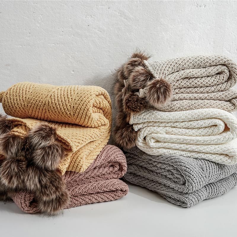 Chenille Throw with Pom Poms - 51" x 63"