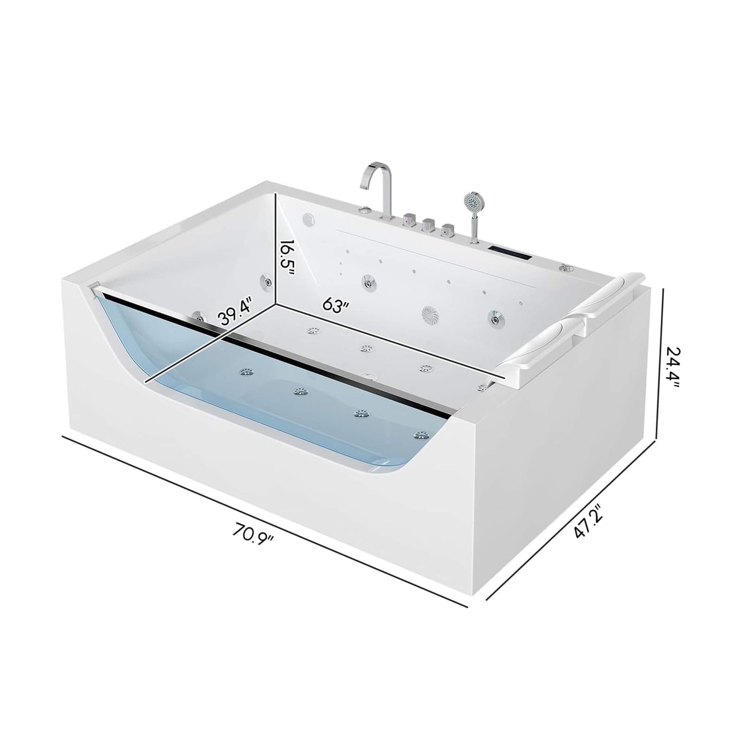 Alora 71-Inch Luxury 2-Person Jetted Whirlpool Tub With Massage And Thermostat Control