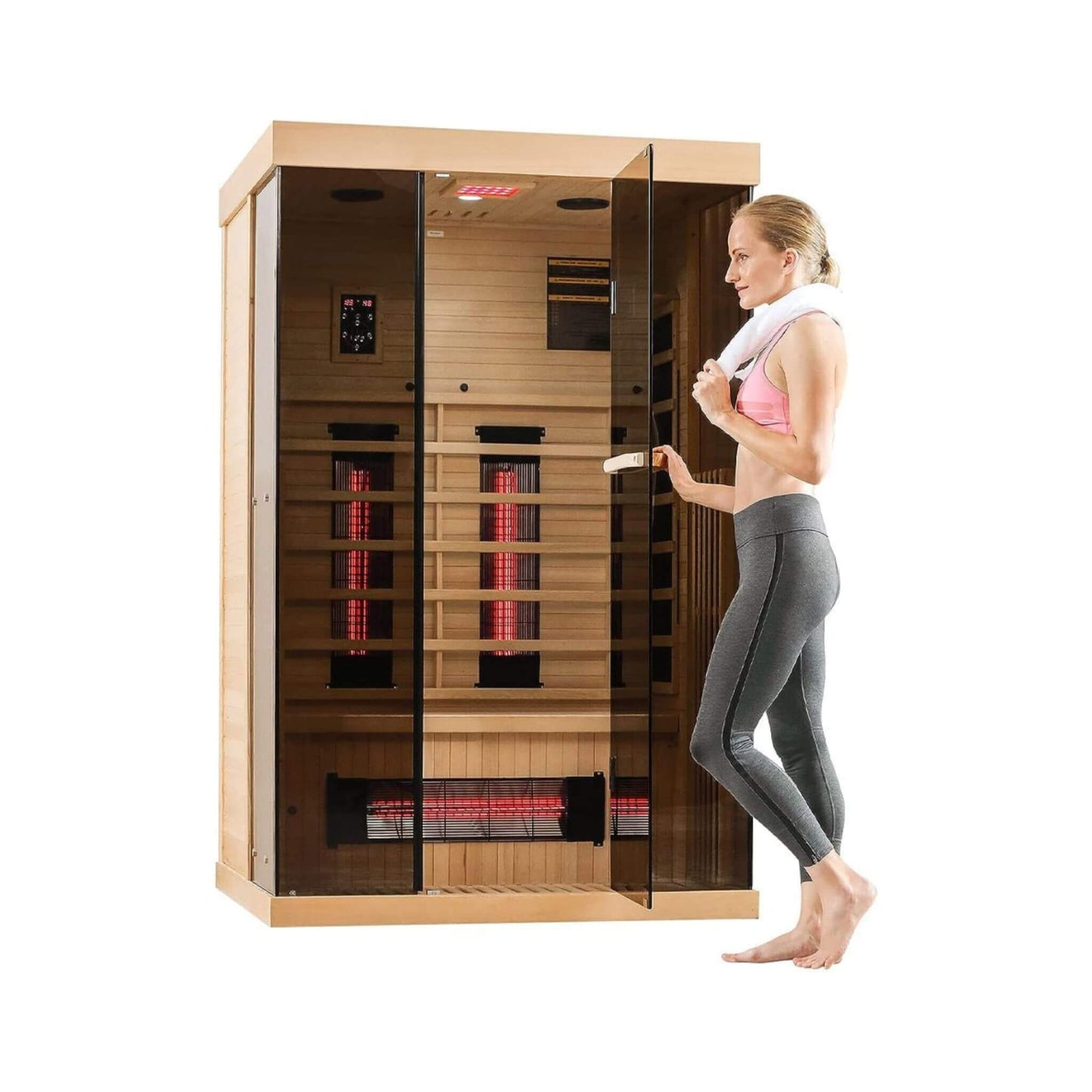 Thermora Luxury 2-Person Low EMF FAR Infrared Heat Wood Home Personal Spa Sauna W/ Panoramic Tempered Glass 2000W