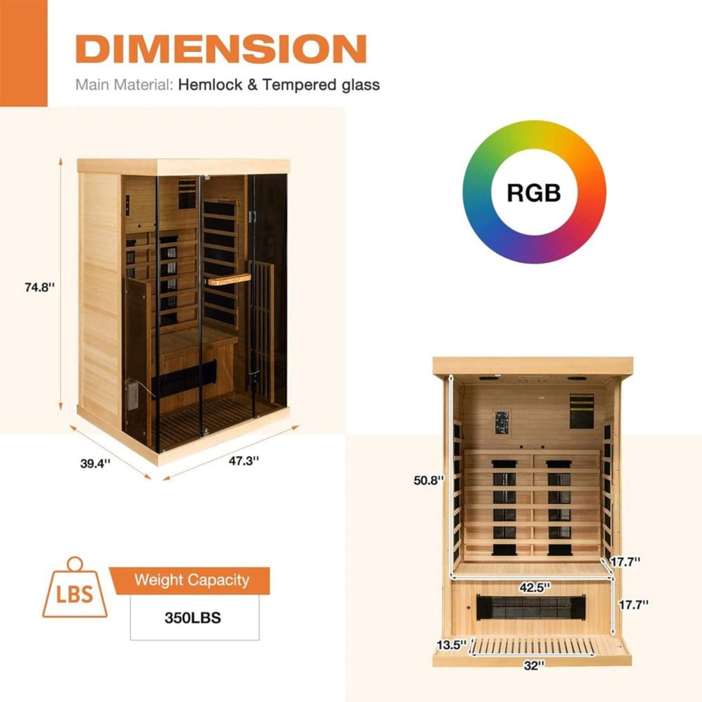 Thermora Luxury 2-Person Low EMF FAR Infrared Heat Wood Home Personal Spa Sauna W/ Panoramic Tempered Glass 2000W